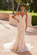 Spaghetti-strap V-neck lace wedding gown with fitted bodice and long flared skirt