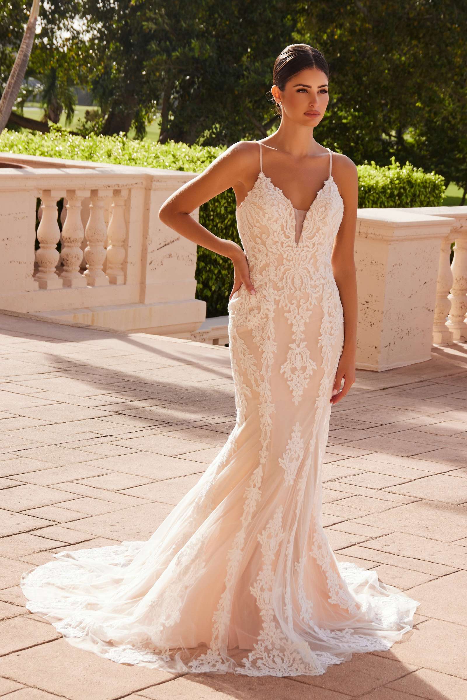 Spaghetti-strap V-neck lace wedding gown with lace appliques and long flared skirt