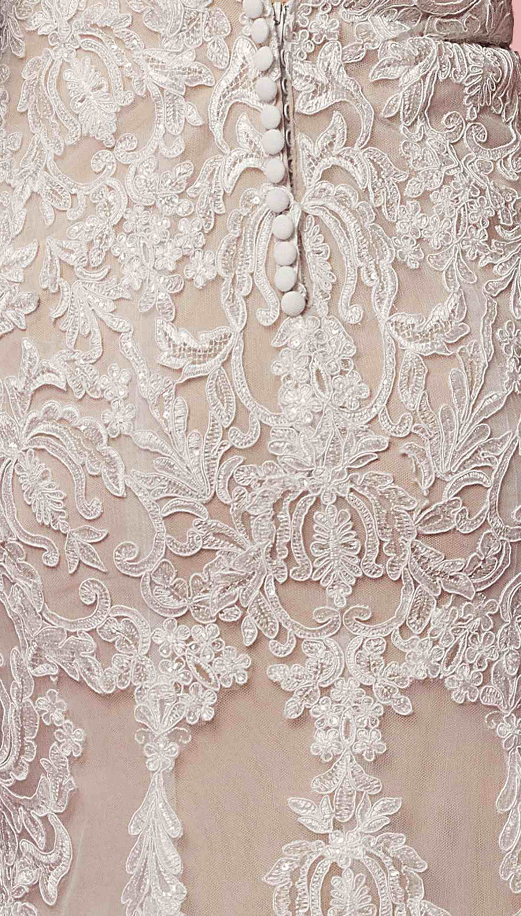 Ivory lace fabric with floral appliqués and scalloped embroidery detail