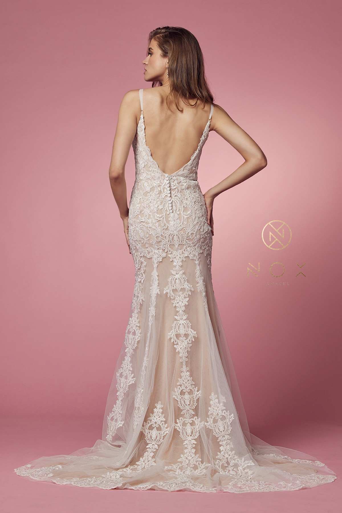 Spaghetti-strap V-neck lace wedding gown with open back and long flared train