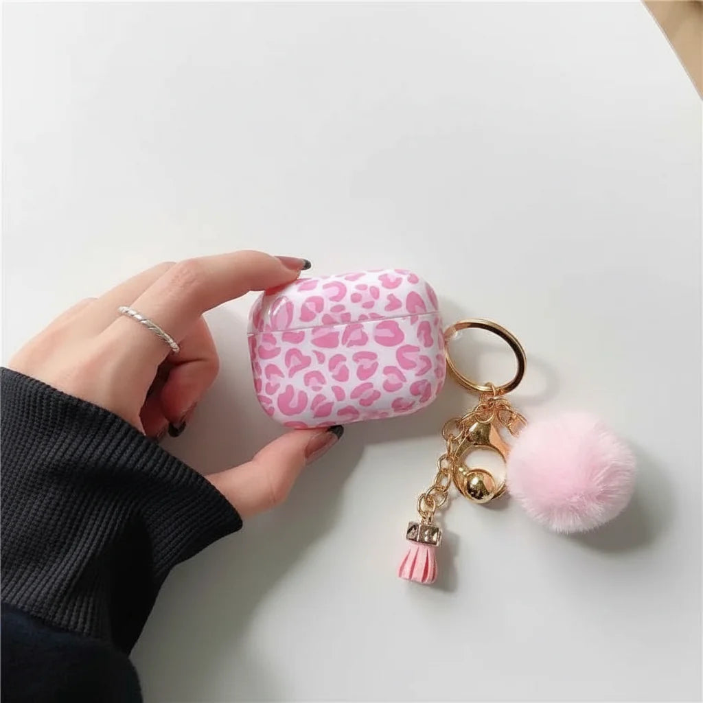 Kawaii Pink Leopard AirPods Pro 2 Case with Hairball Keychain – Soft TPU Cover
