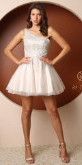 One-shoulder embroidered bodice short A-line dress in white with flared tulle skirt