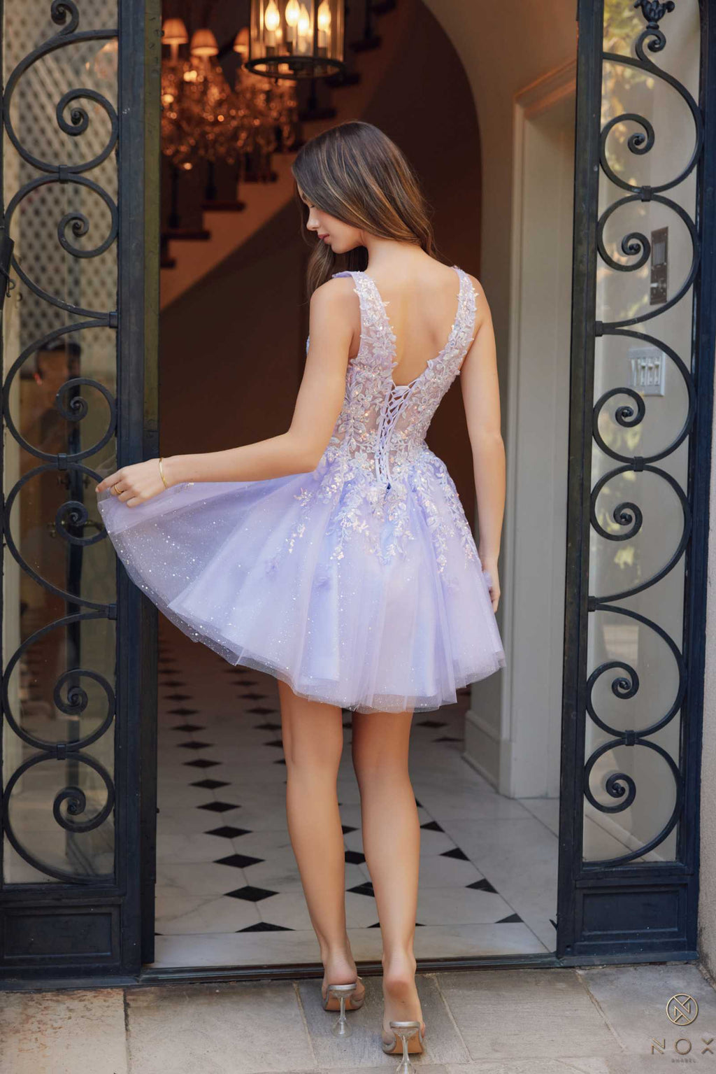 Light blue glitter sequin A-line mini dress, low back with lace applique, tulle skirt