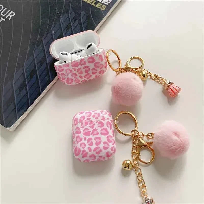 Kawaii Pink Leopard AirPods Pro 2 Case with Hairball Keychain – Soft TPU Cover