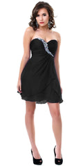 Black chiffon short dress with sweetheart neckline and silver-trimmed bodice, strapless
