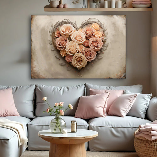 Floral heart wall art featuring raised blush and beige roses on canvas