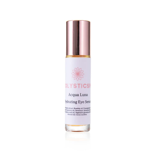 Hydrating eye serum bottle with rose-gold cap and white label