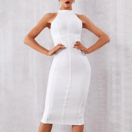 White sleeveless halter bodycon bandage midi dress, sleeveless fitted style