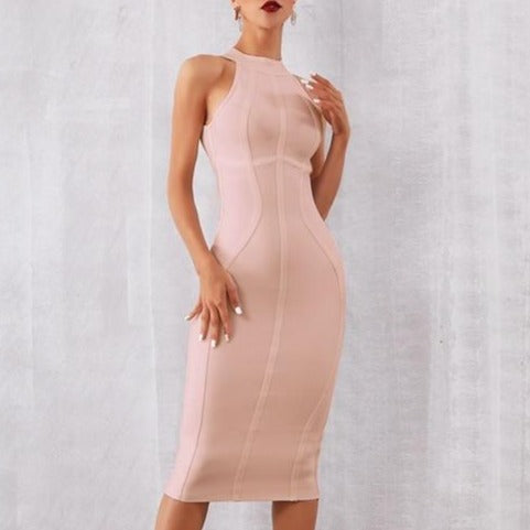 Apricot sleeveless halter bodycon bandage midi dress with curved seam detailing