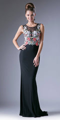 Black sleeveless long dress with floral embroidered front bodice