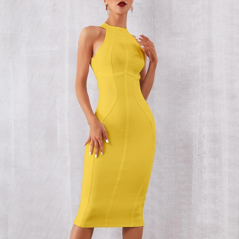 Yellow sleeveless bodycon bandage midi tank dress with high neckline