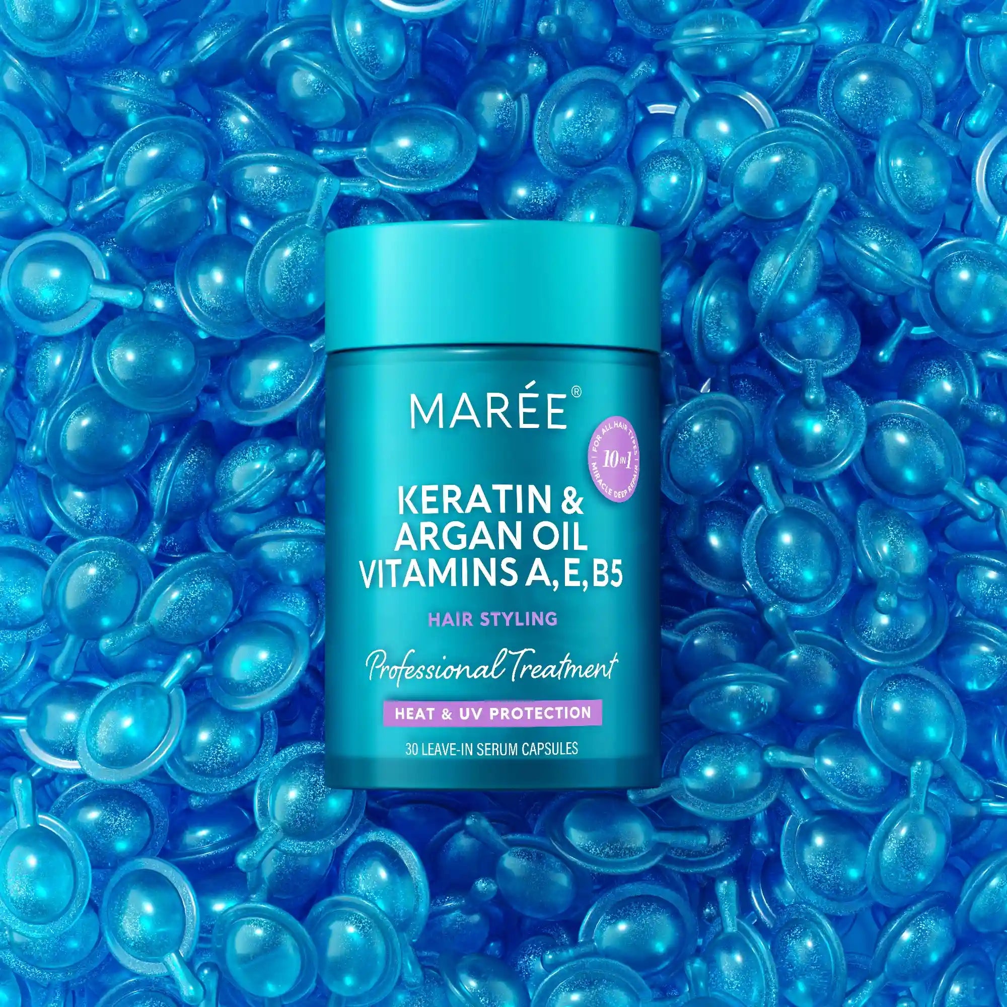 Blue Keratin & Argan oil capsule jar close-up with teal capsules filling the frame