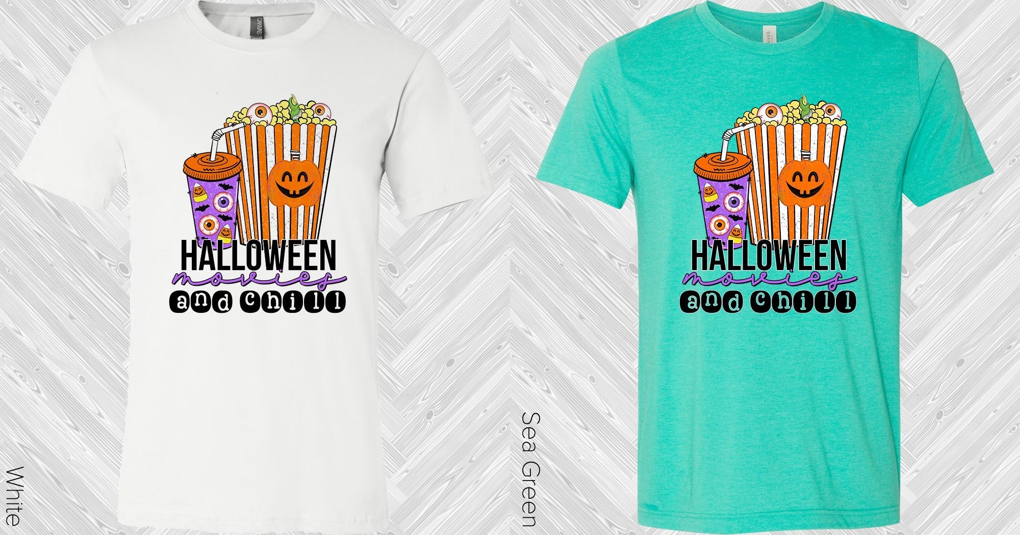 Graphic Halloween tee set: white and teal shirts with popcorn, jack-o-lantern, and “Halloween and Chill”