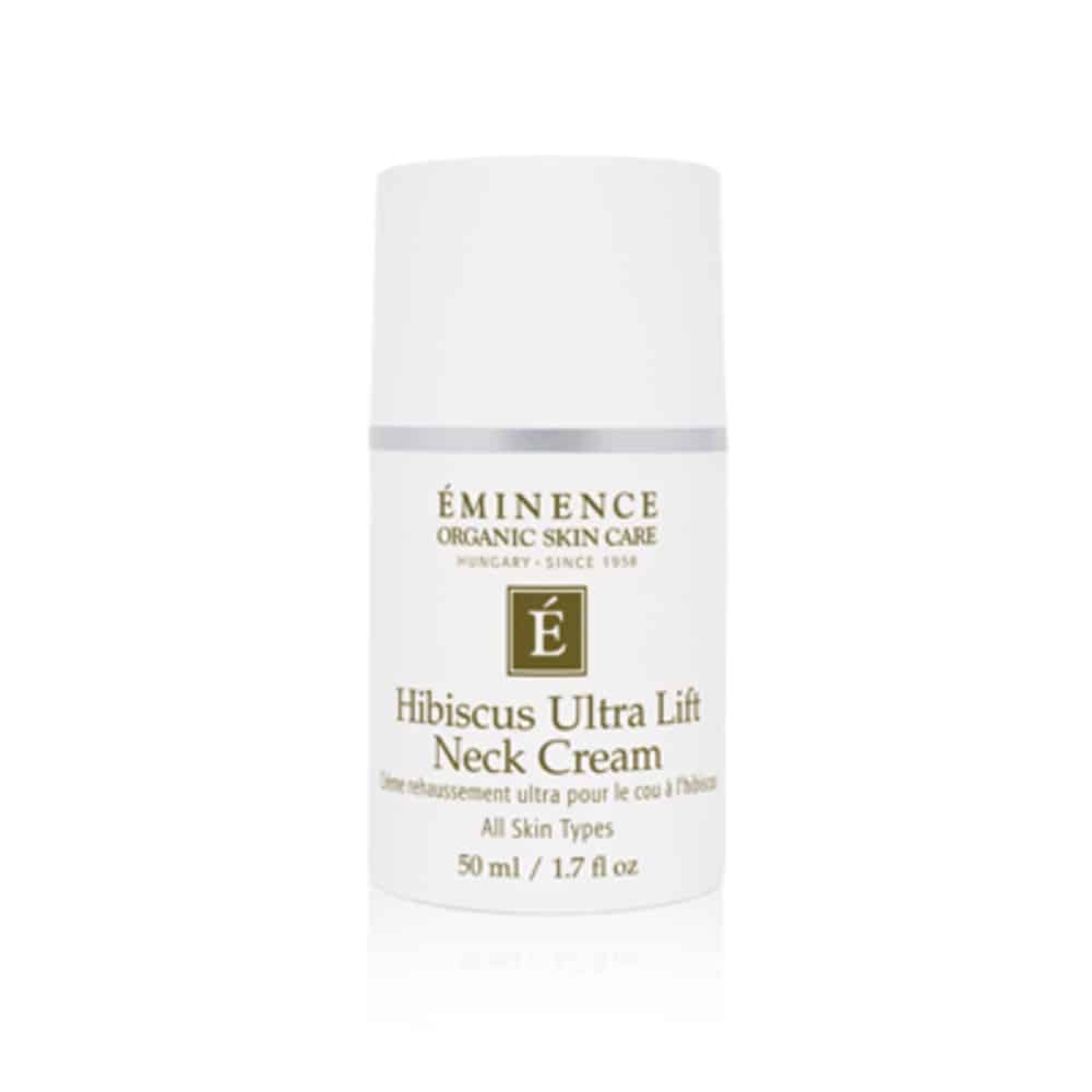 Skincare neck cream bottle with white cap, EMINENCE Hibiscus Ultra Lift label