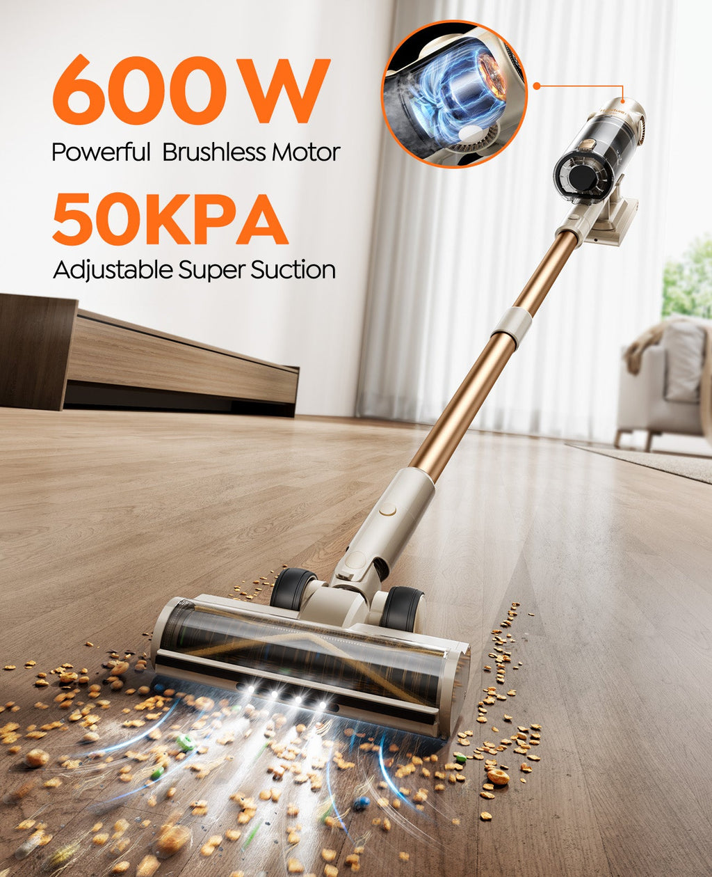 Cordless vacuum floor nozzle on wood floor, blue suction graphic near brush head