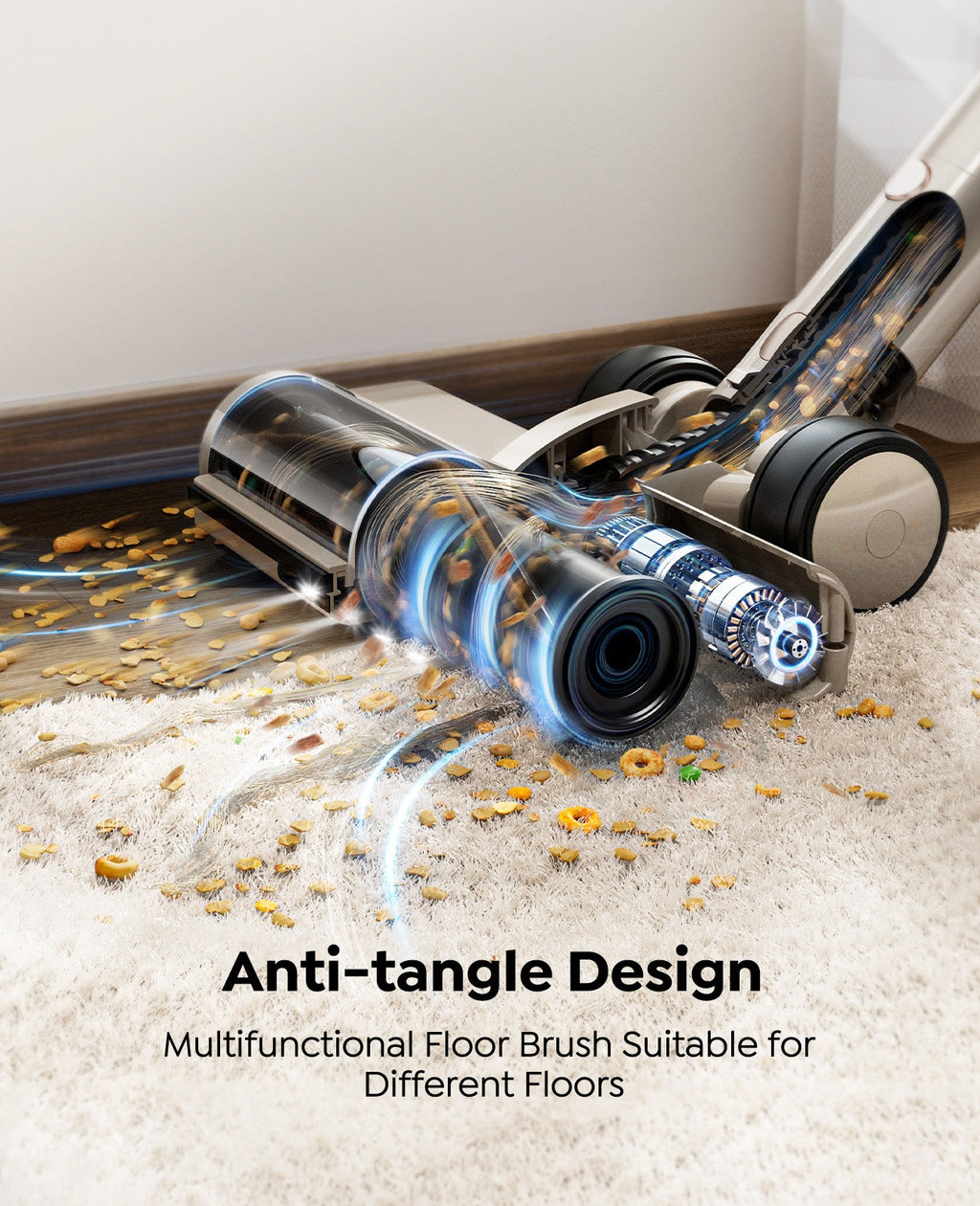 Cordless vacuum floor nozzle with anti-tangle brush rolls on carpet with debris
