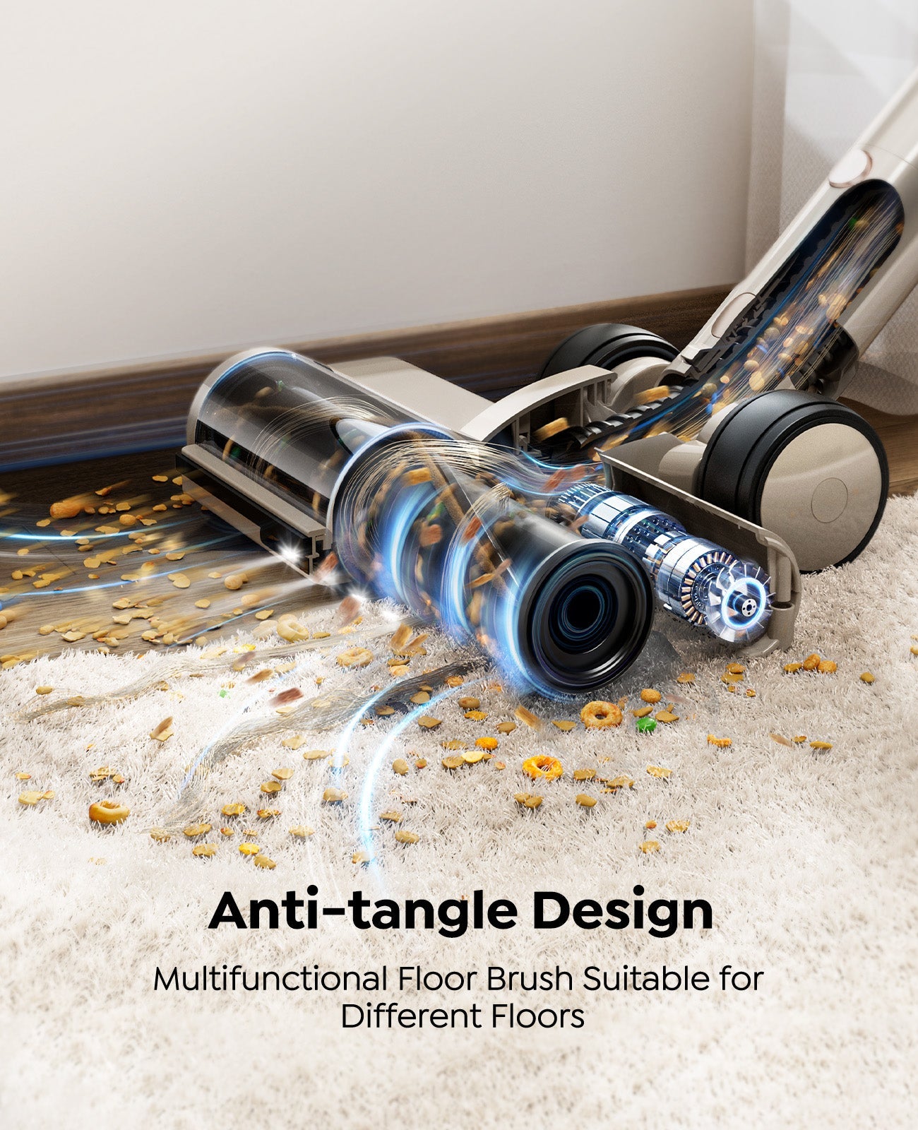 Cordless stick vacuum with floor brush nozzle suction on carpet debris