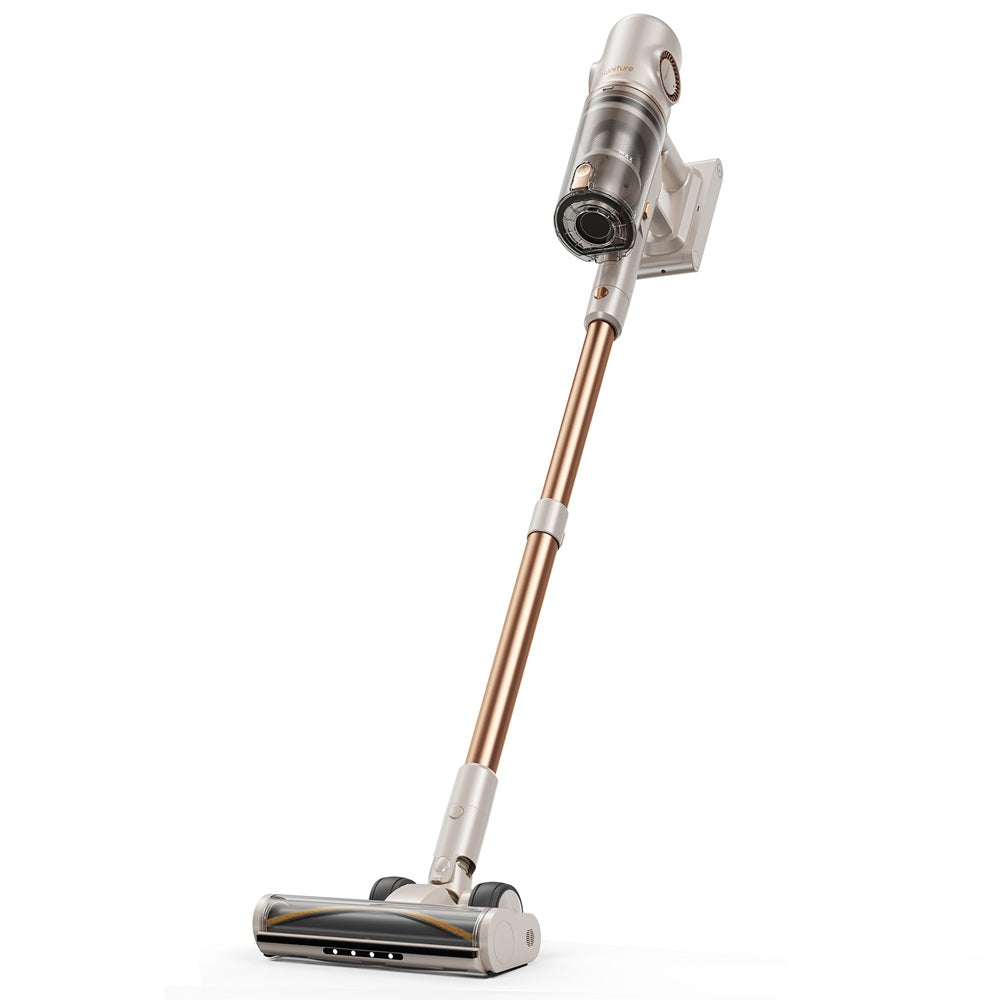 Cordless stick vacuum with silver motor head and rose-gold tube, floor brush attached