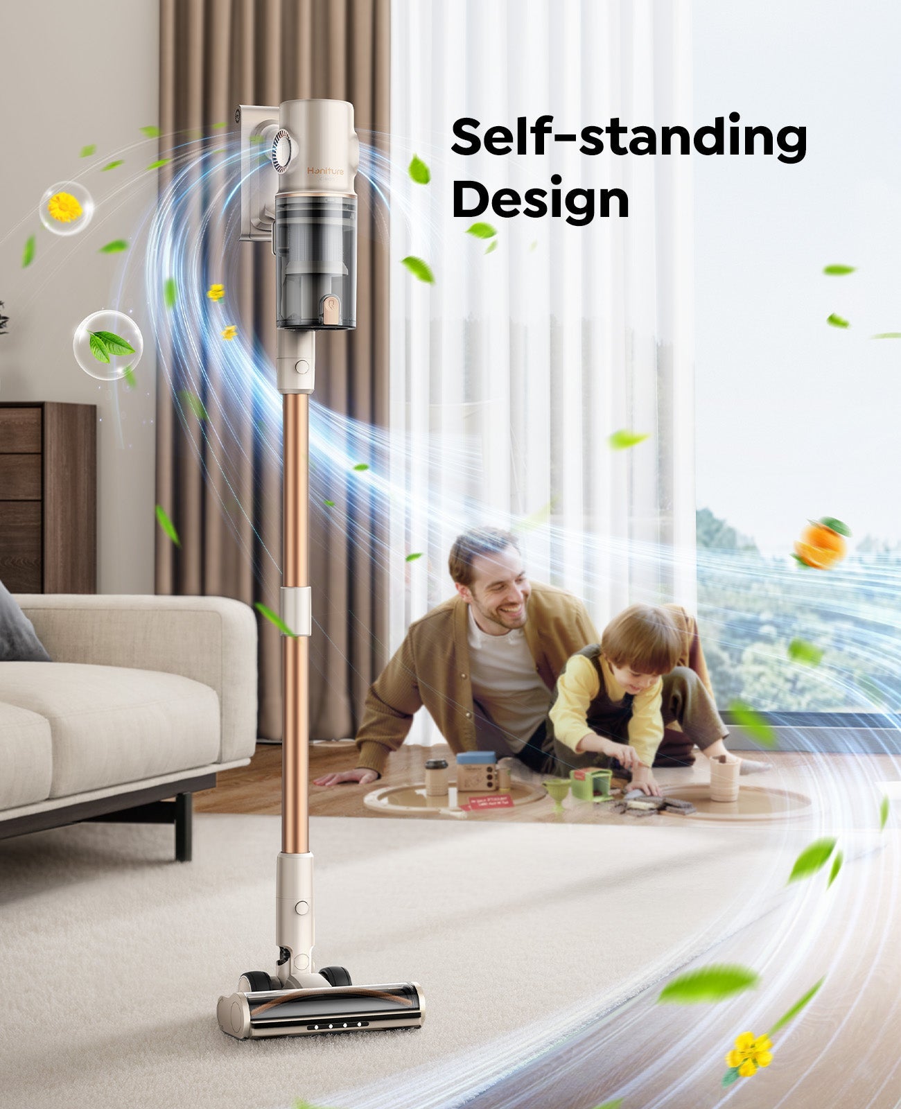 Cordless stick vacuum standing upright with floor brush on living room floor