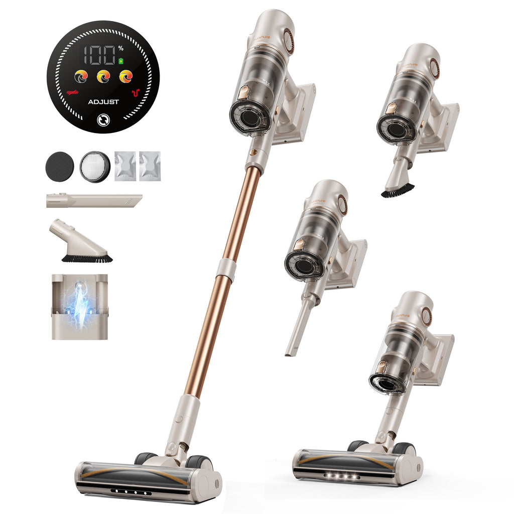 Cordless stick vacuum with control dial screen and floor brush, multiple attachments shown
