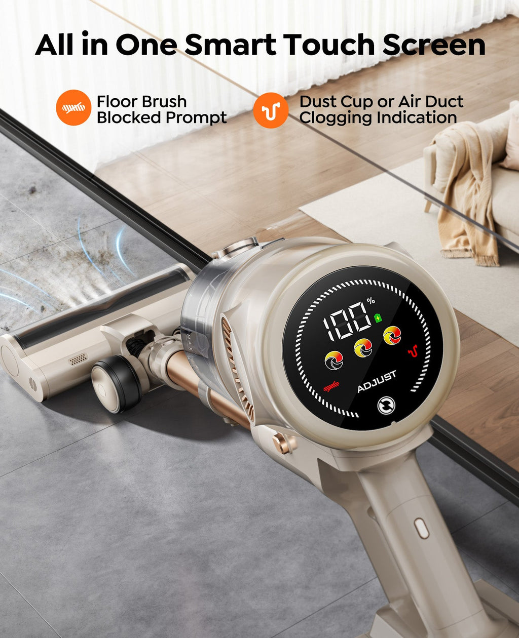 Cordless vacuum with smart touch screen dial control and floor nozzle on tile