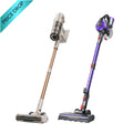 Cordless stick vacuum cleaner bundle with two detachable floor bases, one tan one purple