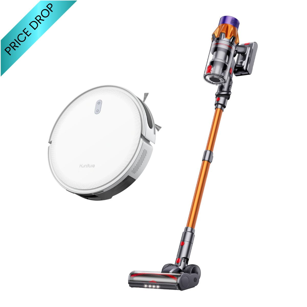 Home cleaning bundle with robot vacuum and orange stick vacuum with attachments