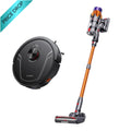 Home cleaning bundle: black robot vacuum and orange stick vacuum with brush head