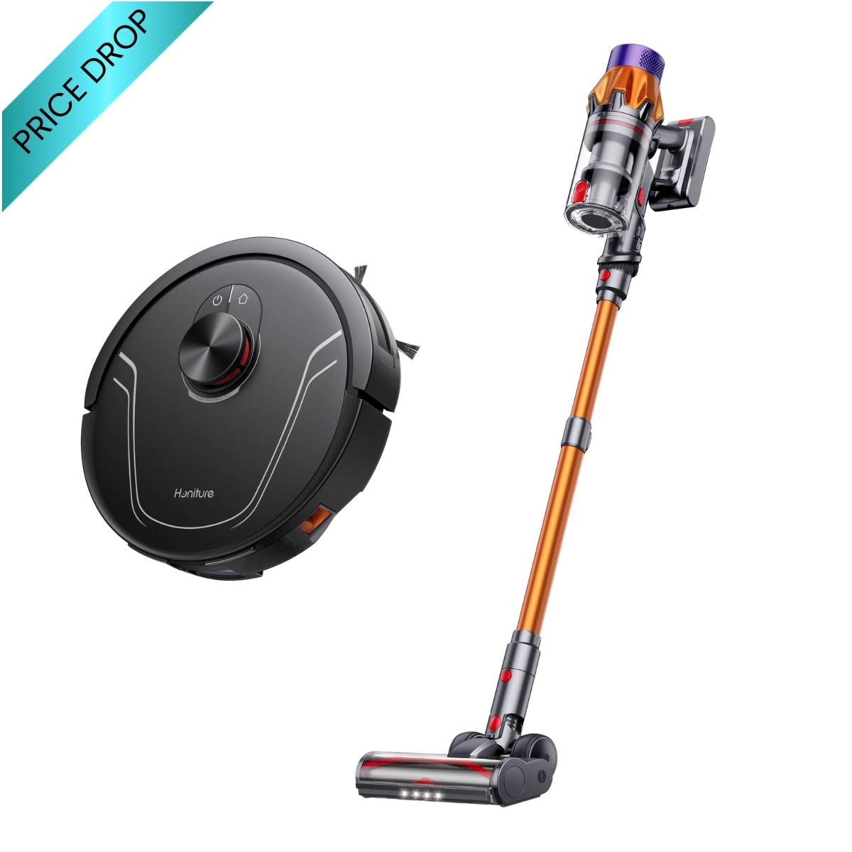 Home cleaning bundle: black robot vacuum and orange stick vacuum with brush head