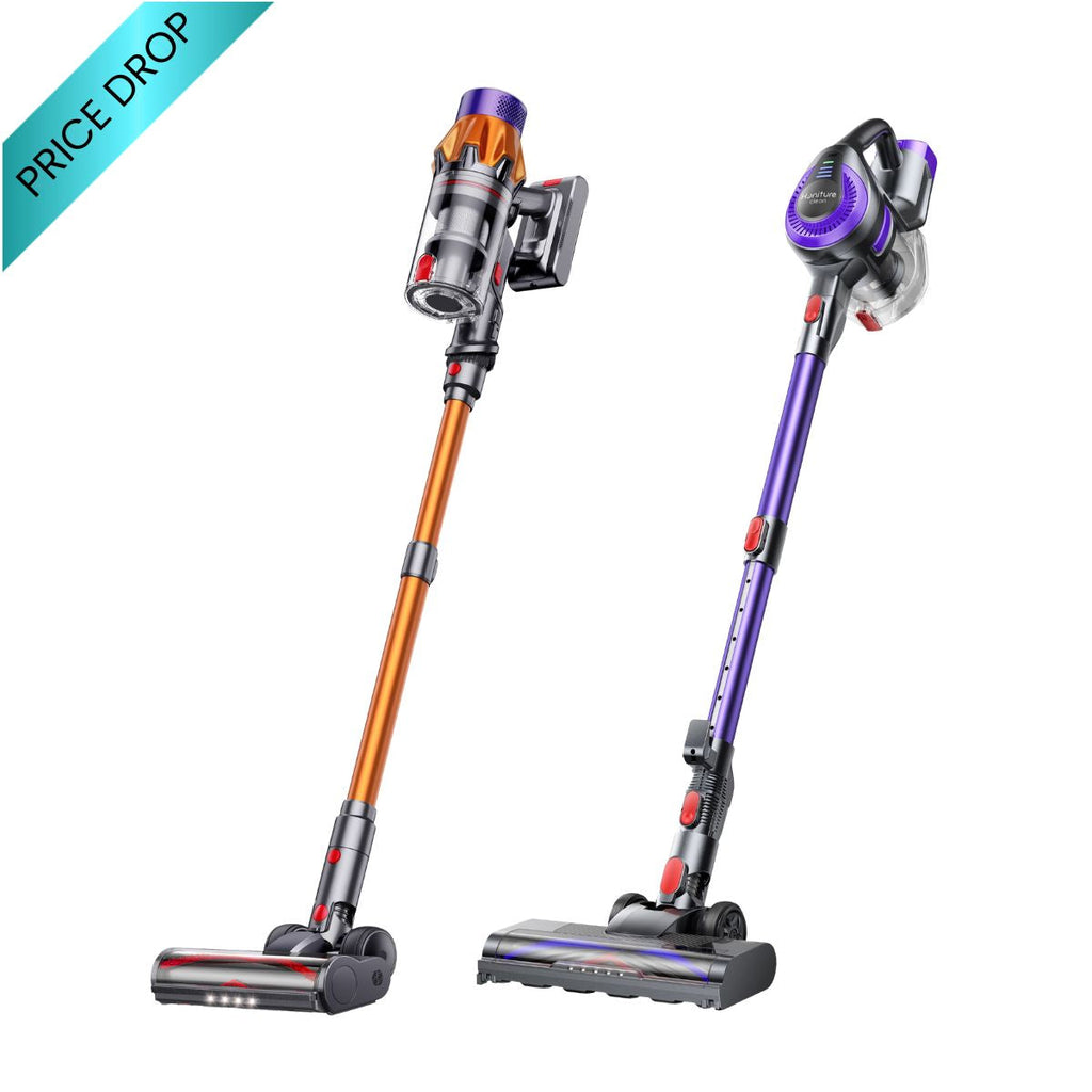 Home cleaning bundle: two cordless stick vacuums, orange and purple with floor tools.