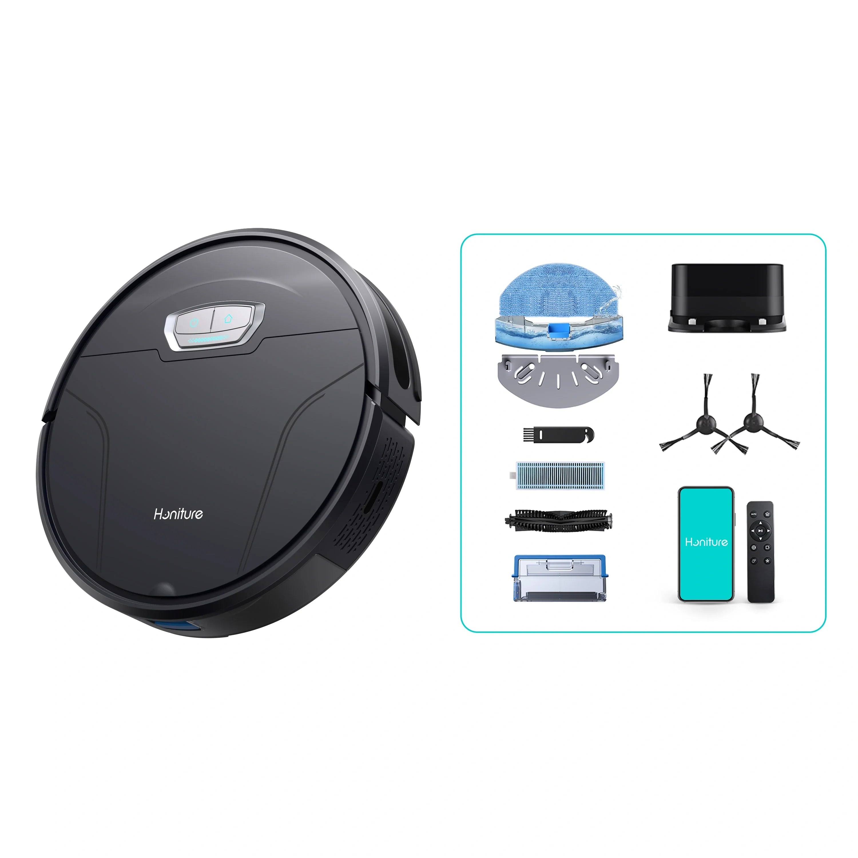 Honiture robotic vacuum with included accessories shown in a grouped layout