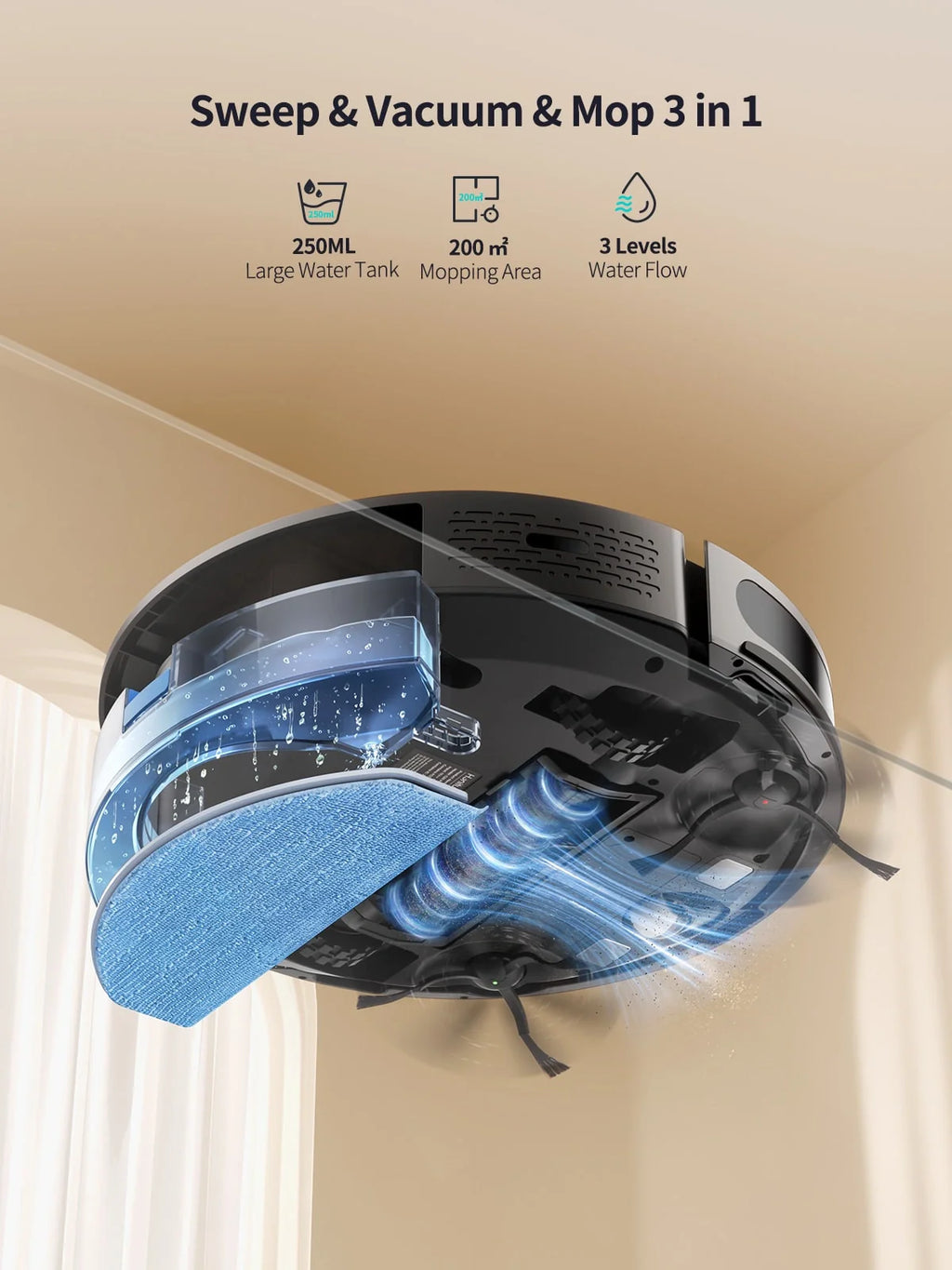 Robotic vacuum with a blue mopping pad and front cleaning attachment, underside view