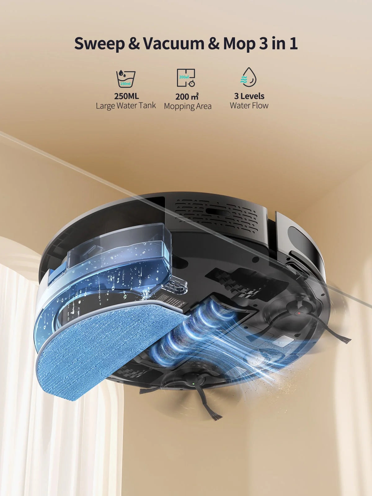 Robot vacuum and mop with blue microfiber cleaning pad attached on underside