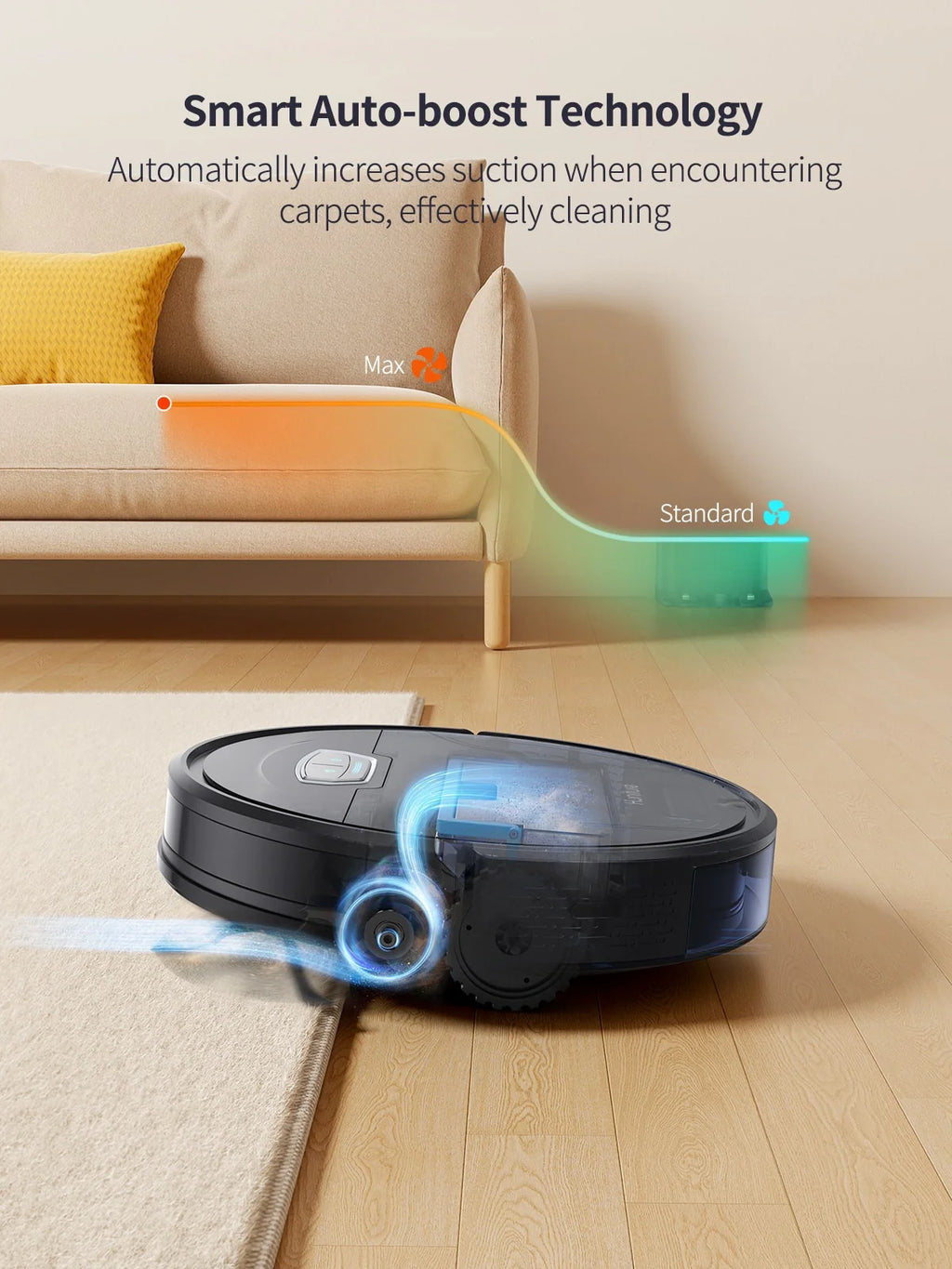 Robotic vacuum on a rug with blue airflow near the front for boosted suction