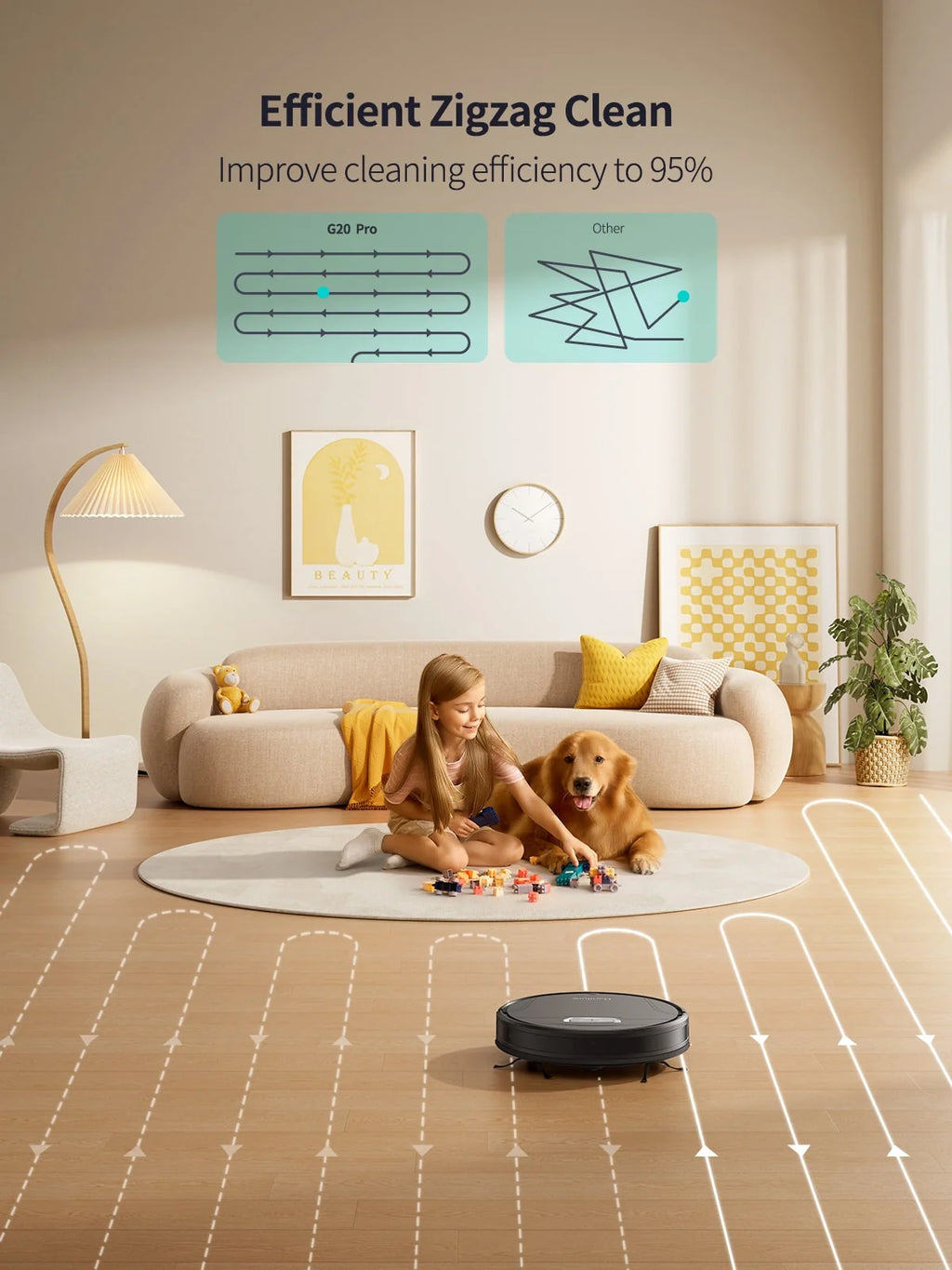 Robotic vacuum on a living room floor near a sofa and dog