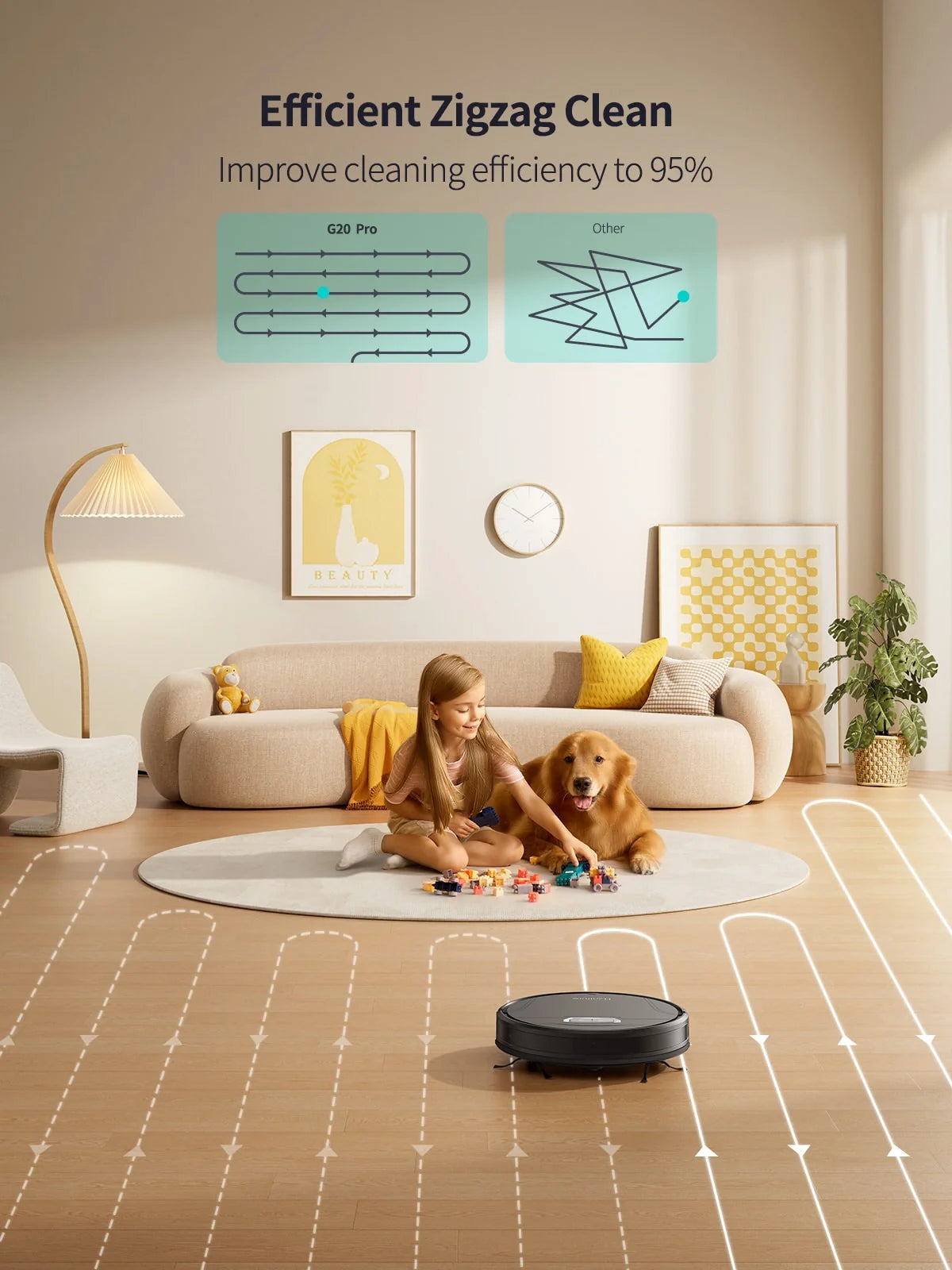Robot vacuum cleaner navigating a living room floor with cleaning paths marked
