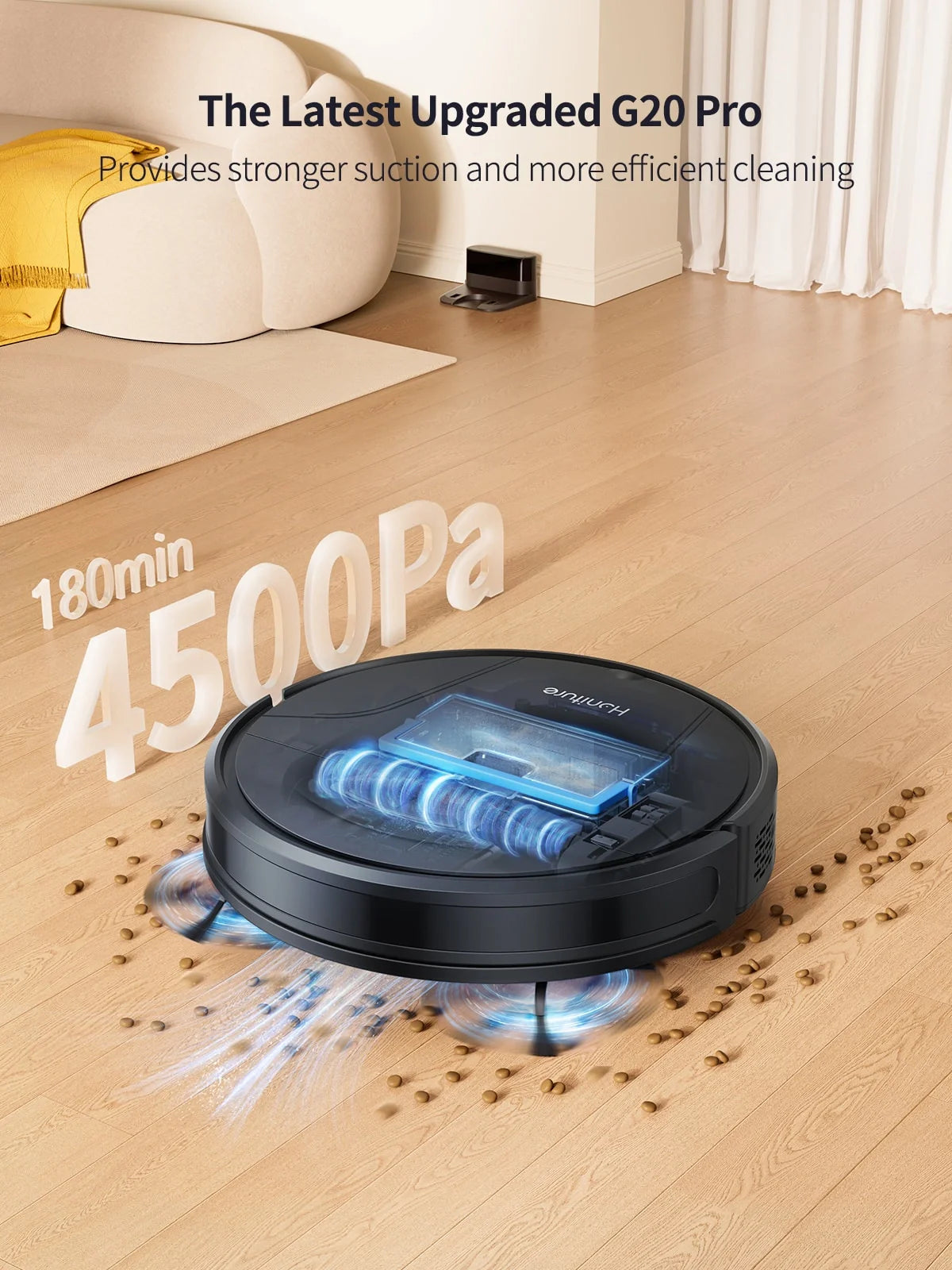 Black robot vacuum cleaner with spinning brush and water spray nozzle on wood floor