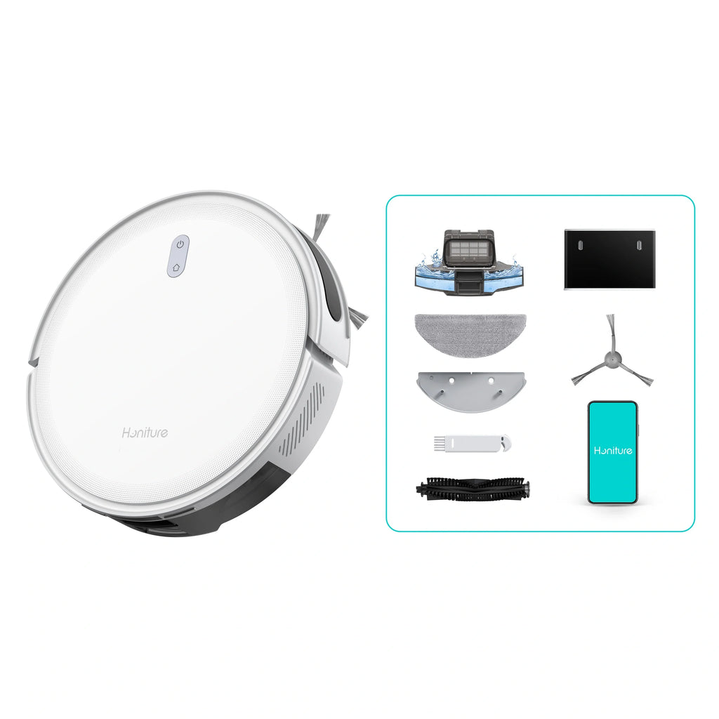 White Honiture T10 robot vacuum with included cleaning accessories shown.