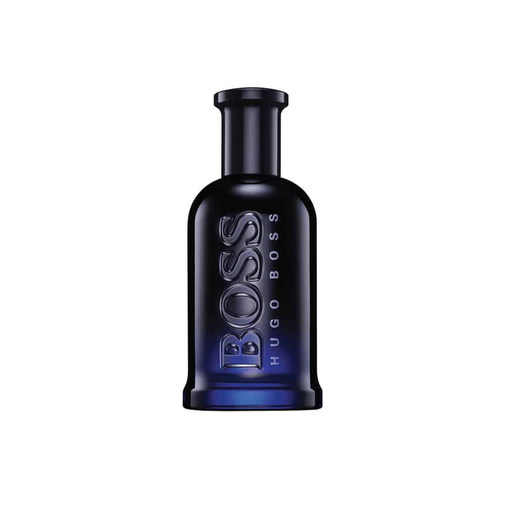 Hugo Boss Bottled Night eau de toilette bottle, dark glass with blue label