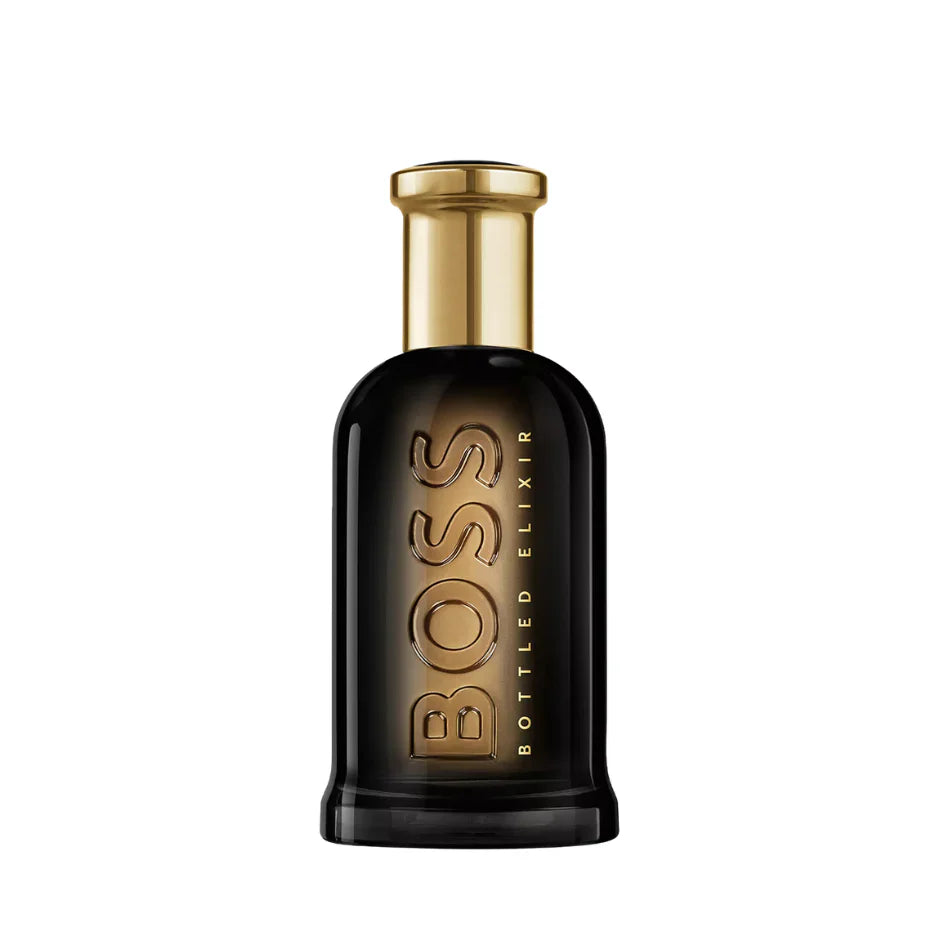 BOSS Bottled Elixir perfume bottle, black glass with gold cap