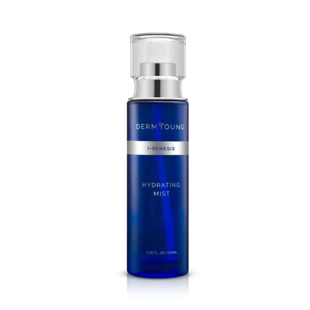 DermYoung I-GENESIS hydrating mist spray bottle with blue glass and silver pump