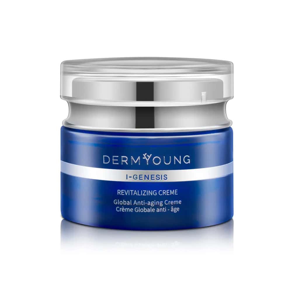 Revitalizing cream jar with blue label and silver cap, DermYoung I-GENESIS