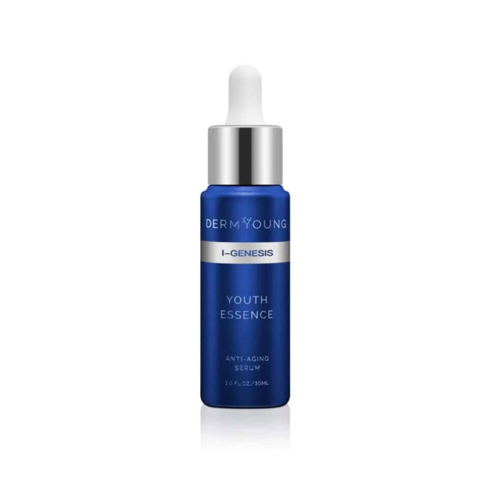 Youth essence serum bottle with dropper, blue label and silver cap