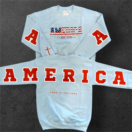 Light blue crewneck sweatshirt with AMERICA graphic and stars on chest