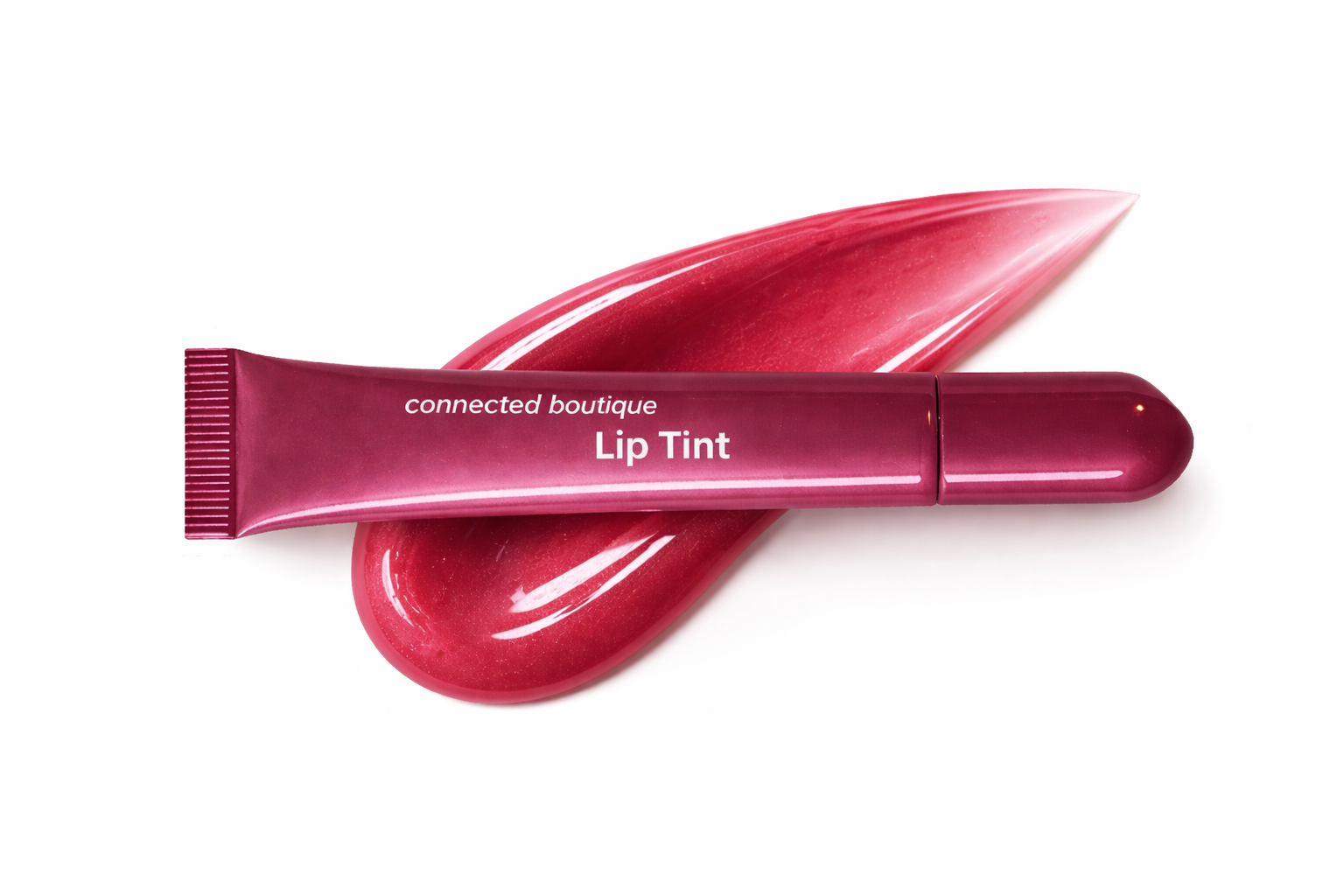 Lip tint tube in wine red with glossy swatch and squeeze applicator tip