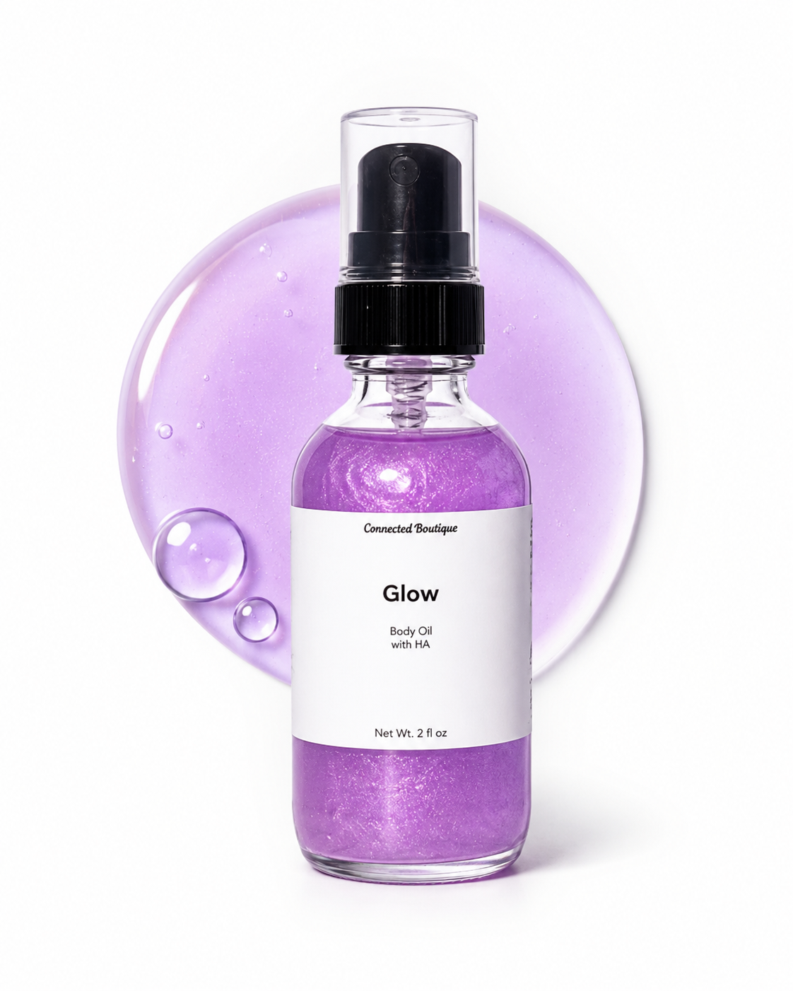 Glow body oil spray bottle, clear glass with black pump, purple liquid inside