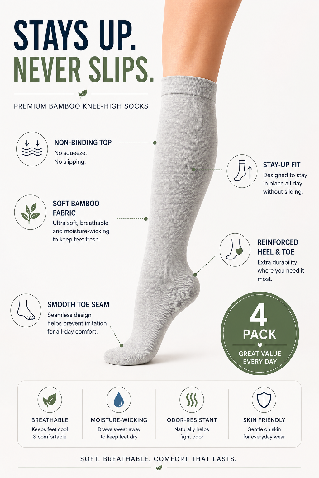 Gray knee-high socks shown on a leg, 4-pack style