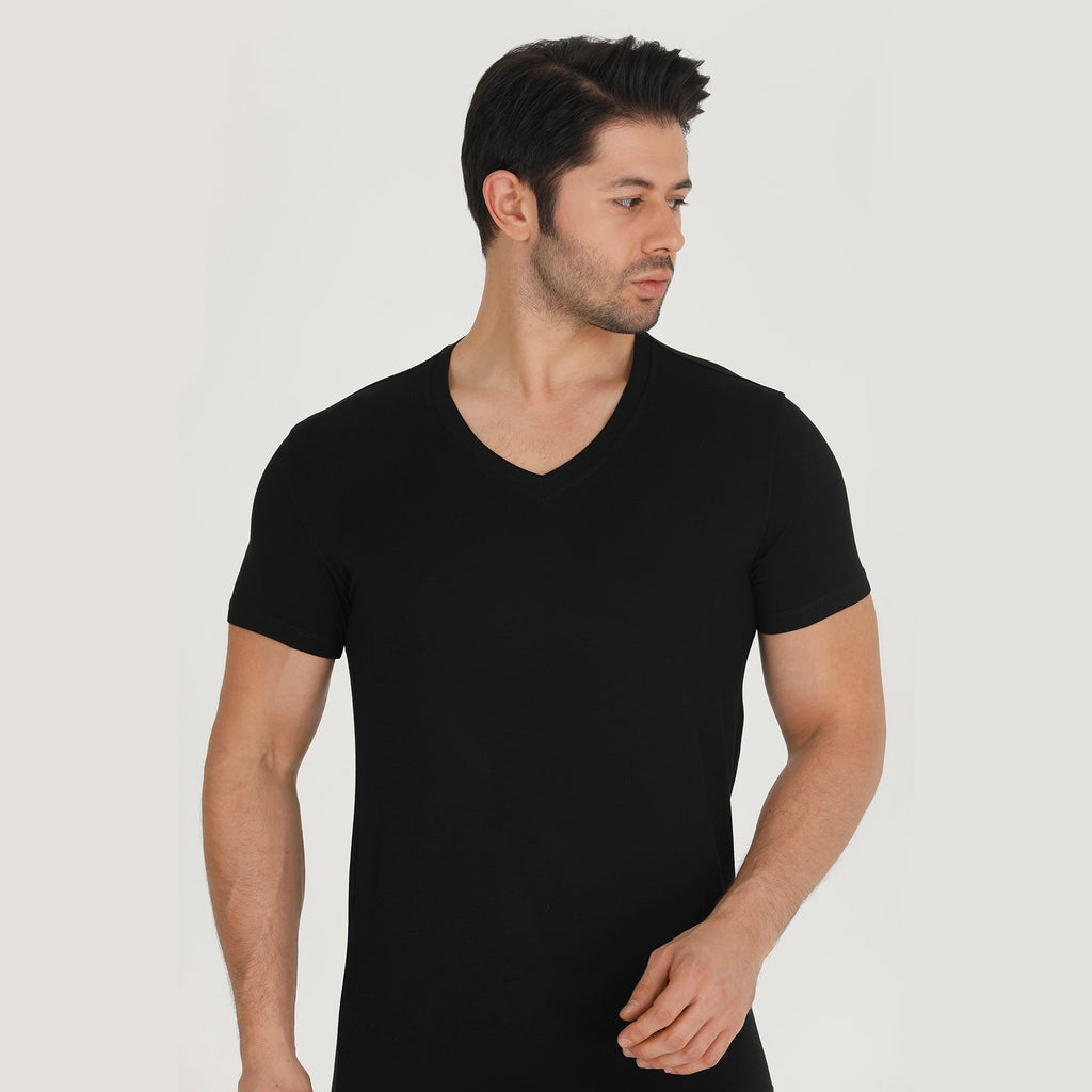 Men's black V-neck undershirt, short-sleeve fitted tee