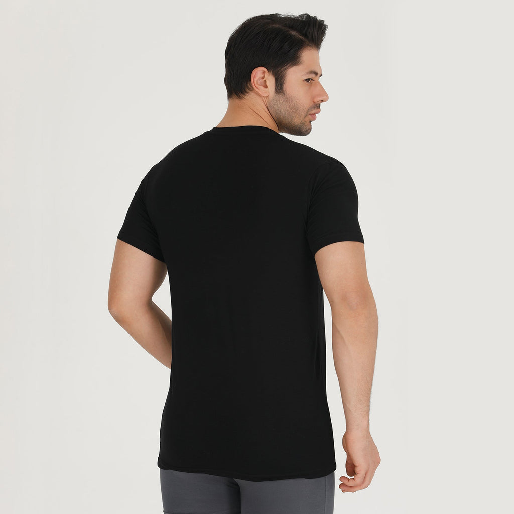 Bamboo v-neck undershirt in black, back view with short sleeves
