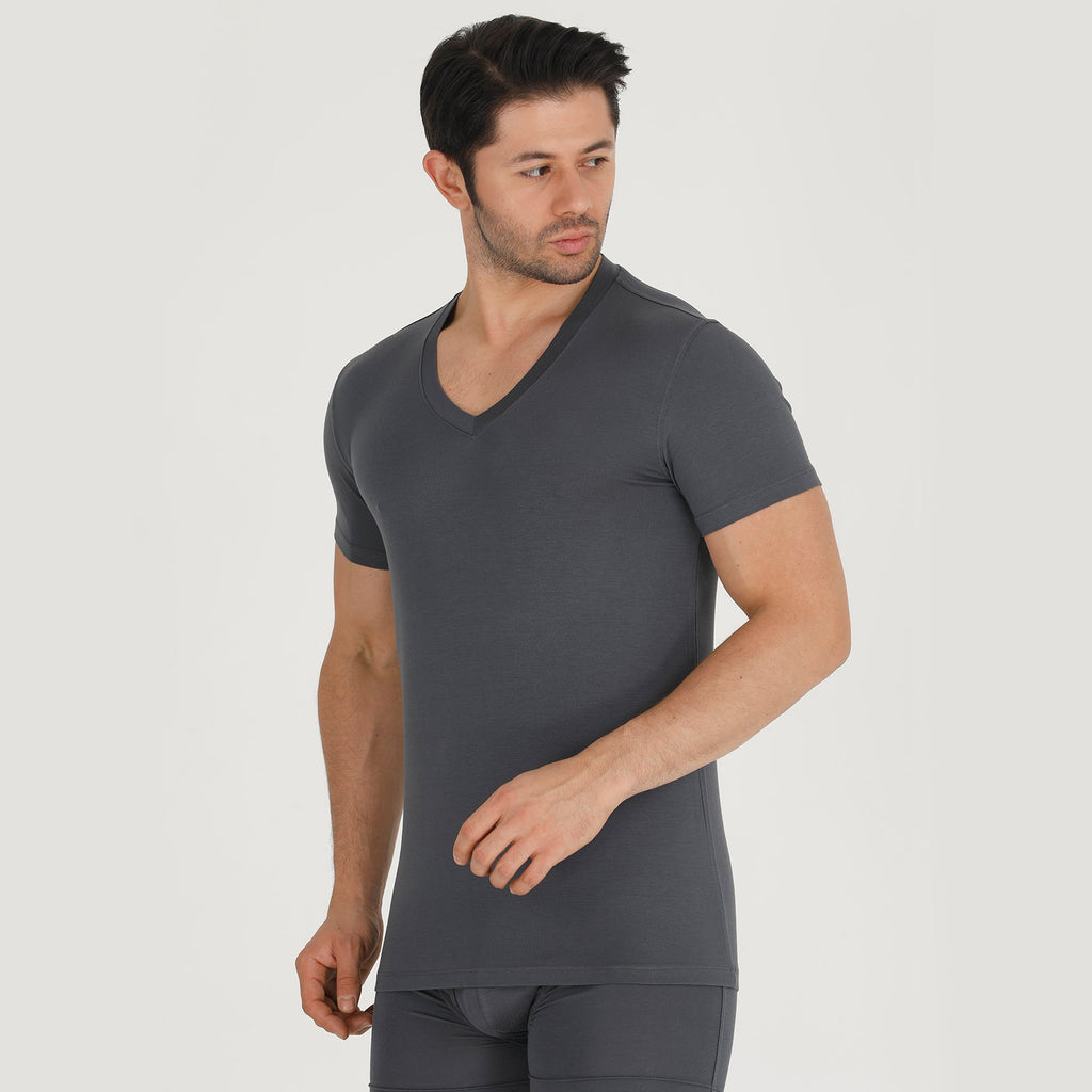 Bamboo v-neck undershirt in charcoal gray with short sleeves and V-neckline